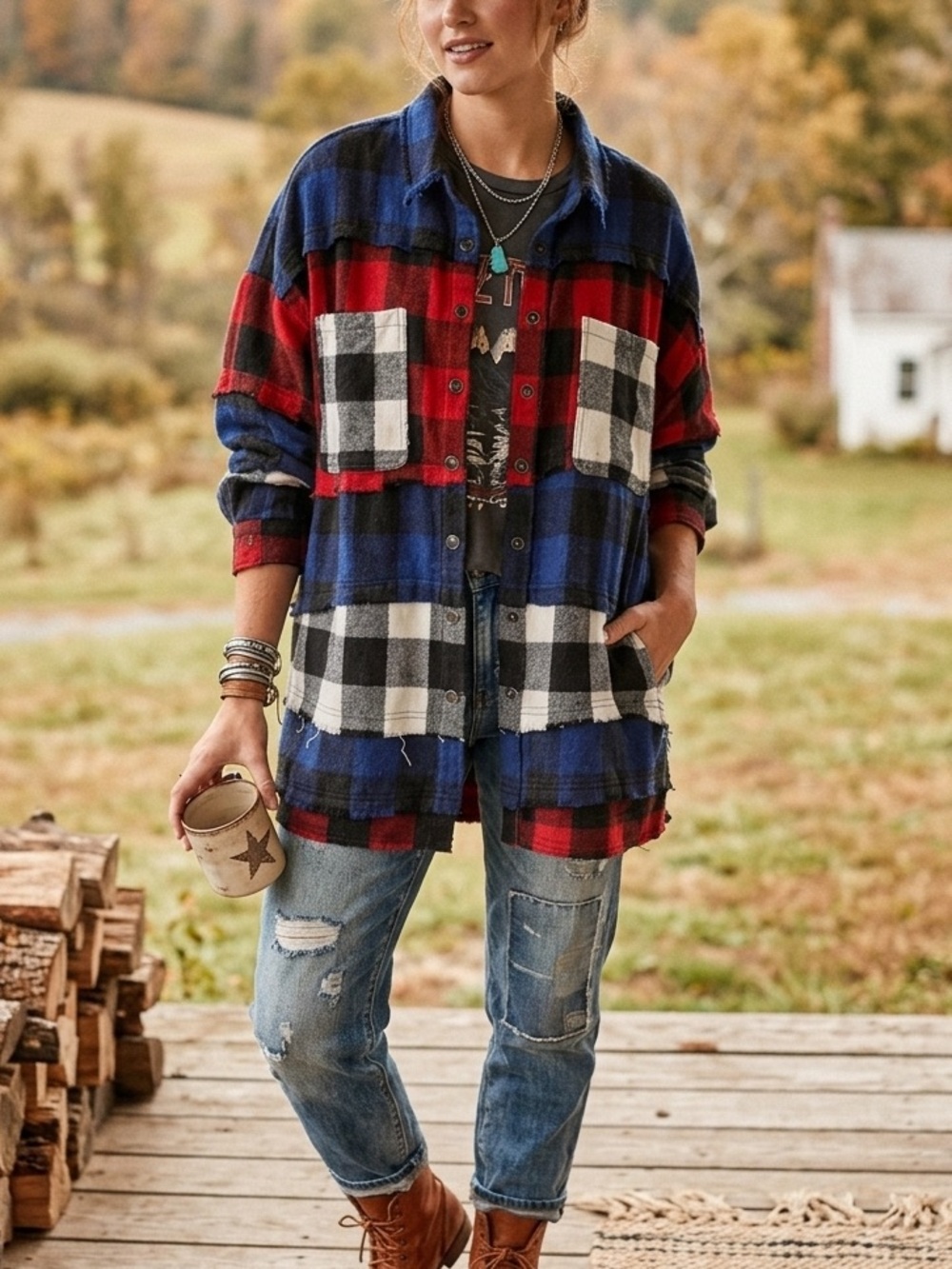 Oli & Hali Mixed Plaid Flannel Shacket Size Large Reworked Tiered Boho USA